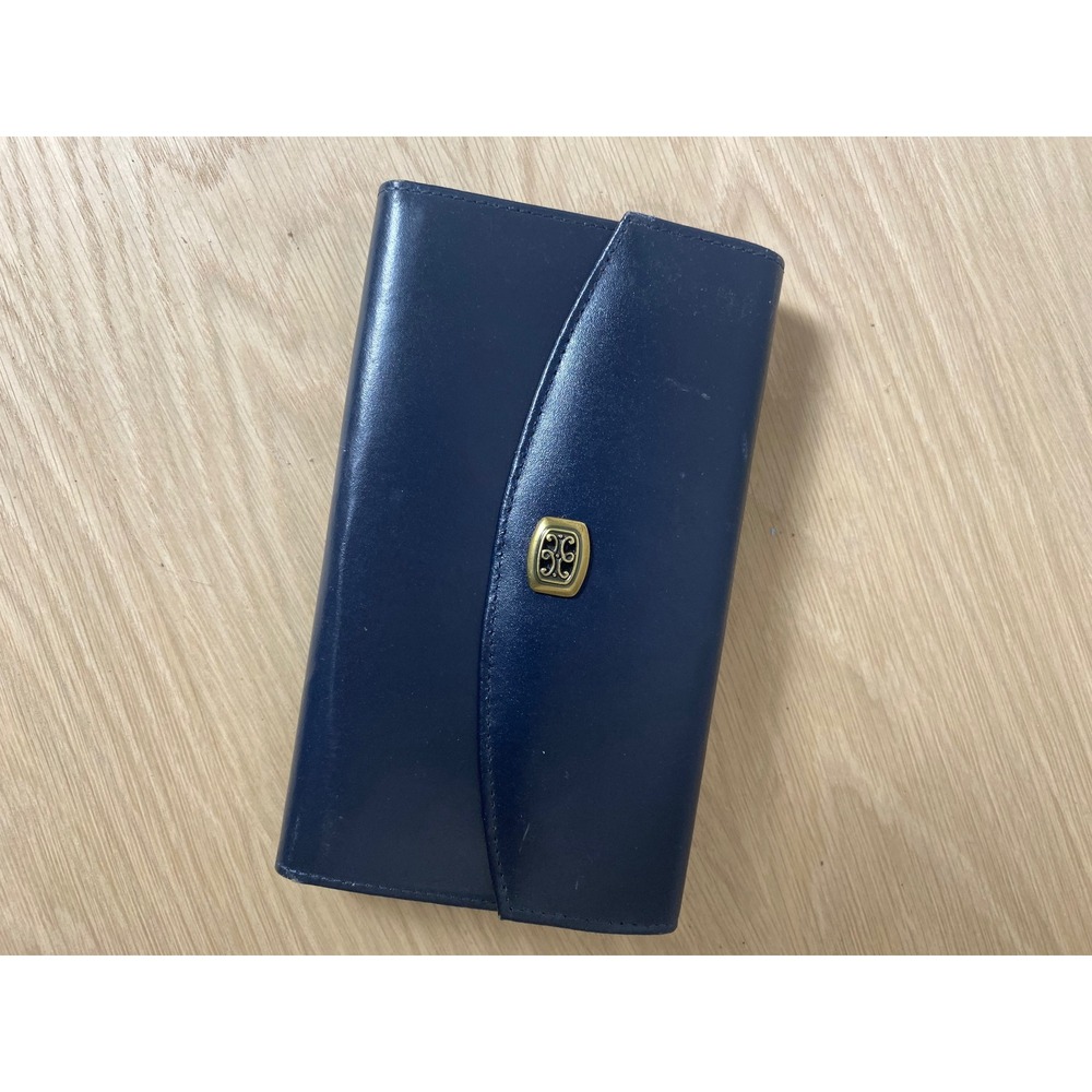 Amity Vintage Navy Blue Leather Trifold Wallet Kiss Lock Coin Pouch Checkbook